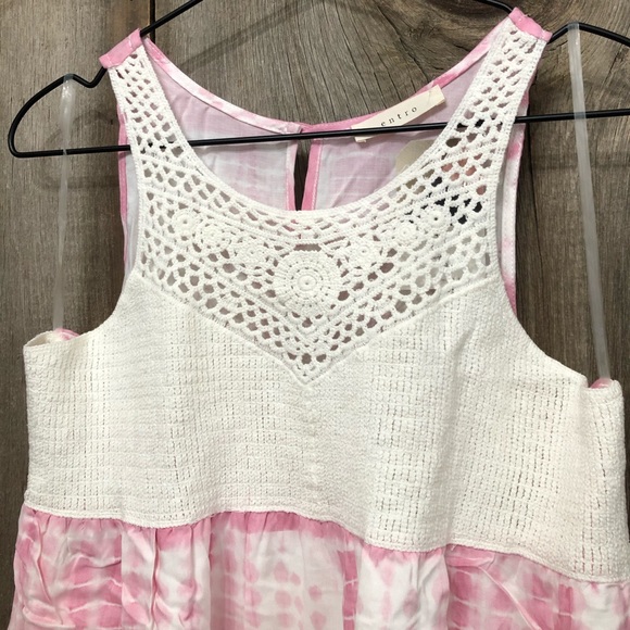 Entro Boho Lace Crochet Front Tie Dye Tank Dress in Pink & Cream Size Medium - Picture 3 of 16